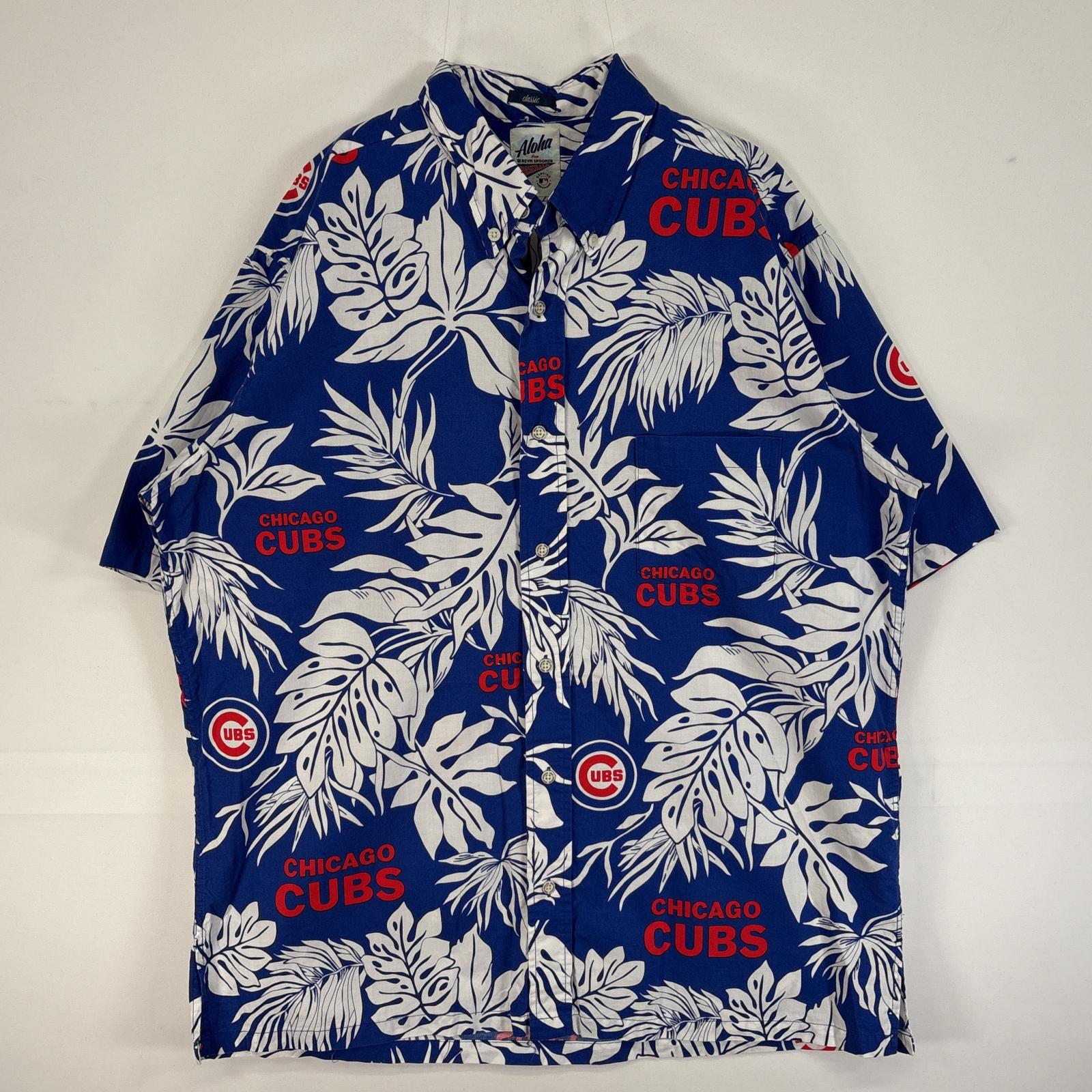 古着 半袖シャツ ダブルネーム ジェニュイン・マーチャンダイズ アロハ MLB カブス L ブルー 総柄 メンズ
