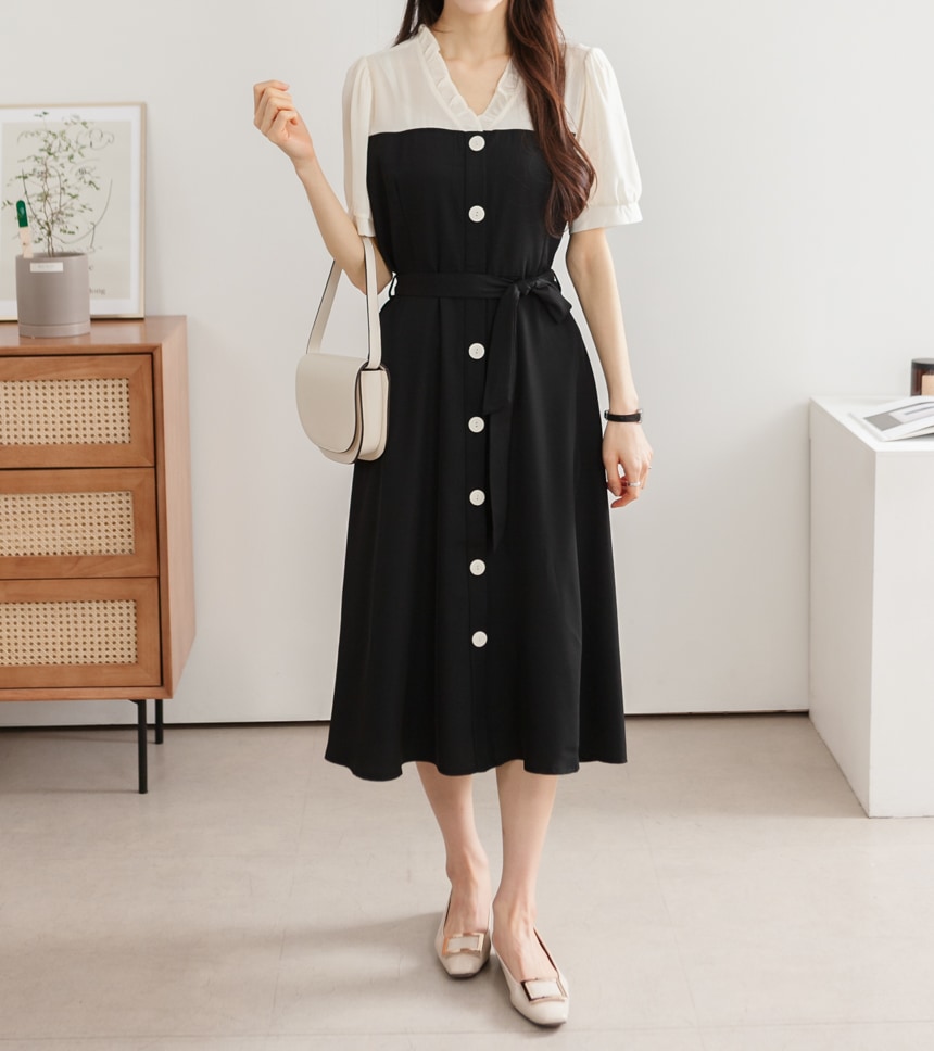 シフォン配色Aラインワンピース 5,544円