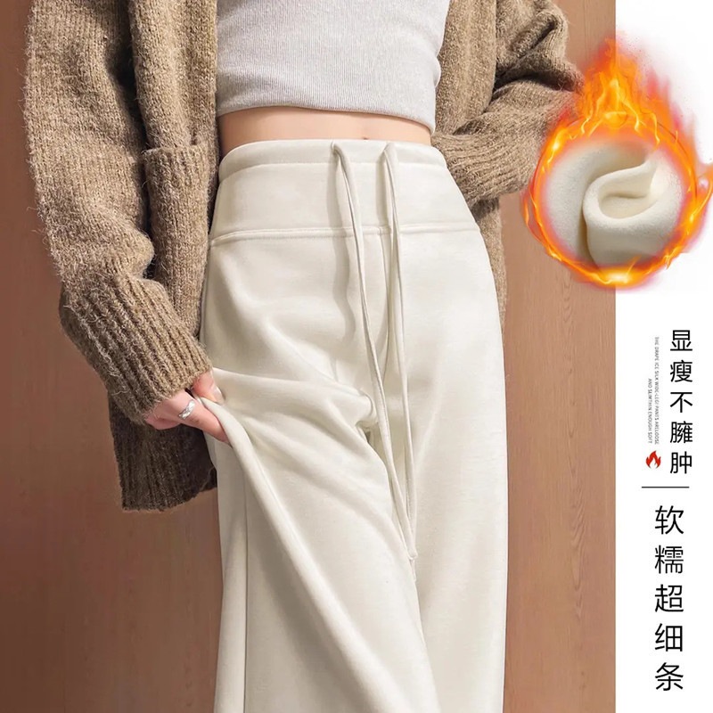 秋冬用レディースフリース裏地パンツストレートレッグワイドレッグパンツ小柄な女性用ハイウエストヨガパンツ厚手のスポーツスウェットパンツ