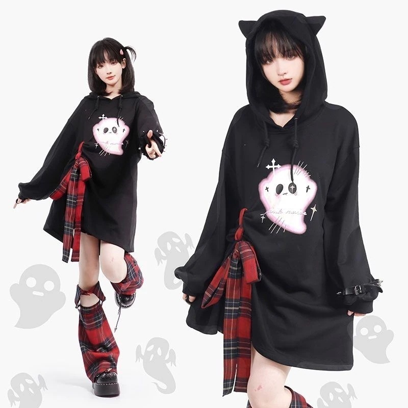 韓国ファッション サブカル 24新作 地雷系 ファッション 系 サブカル メイラード こうしロープ引きトップス 小さな幽霊 連帽猫耳衛衣