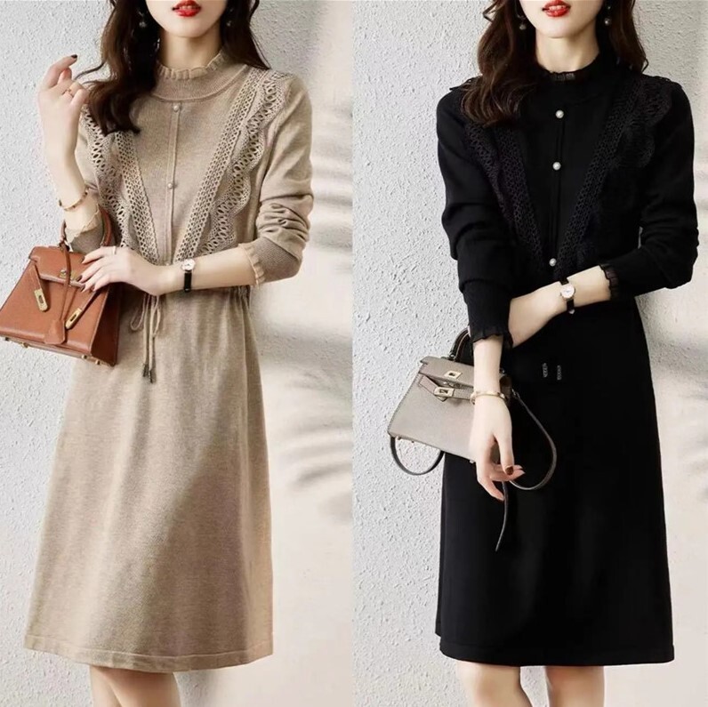 ワンピース レディース ニットワンピース M L 韓国 プルオーバー 膝丈 長袖 レース ハイネック かわいい 大人可愛い きれいめ おしゃれ お洒落 上品 キュート ガーリー 主役級 存在感 無地