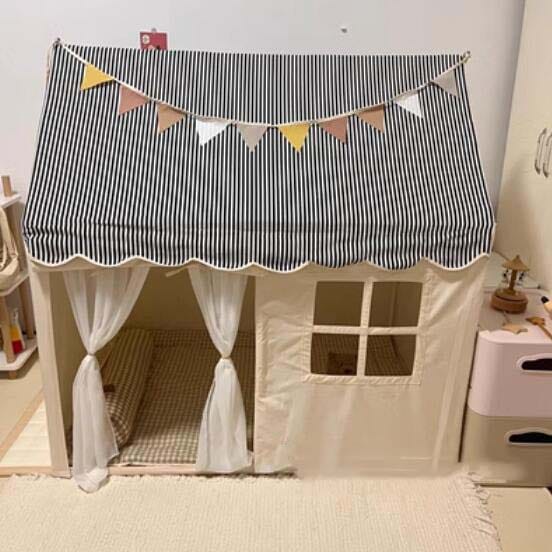 ベビーテント 赤ちゃん 子供テント 天然木 プレイハウス キッズテント 北欧風 テントハウス ストライプ プリンセスの城型 可愛い プレイテント おままごと 男の子 女の子 ゲームハウス 秘密基地 隠