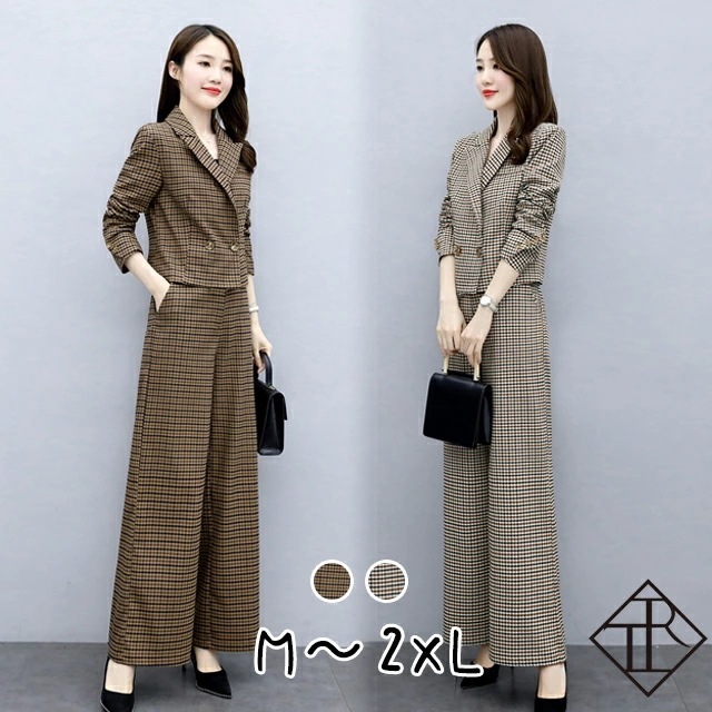 【即納】セットアップ レディース セットアップ ニット秋冬 パンツ ドレス スーツ セット ワイドパンツ 大きいサイズ チェック柄 ショート丈ジャケット ハイウエスト 美脚効果 脚長効果 フォーマル