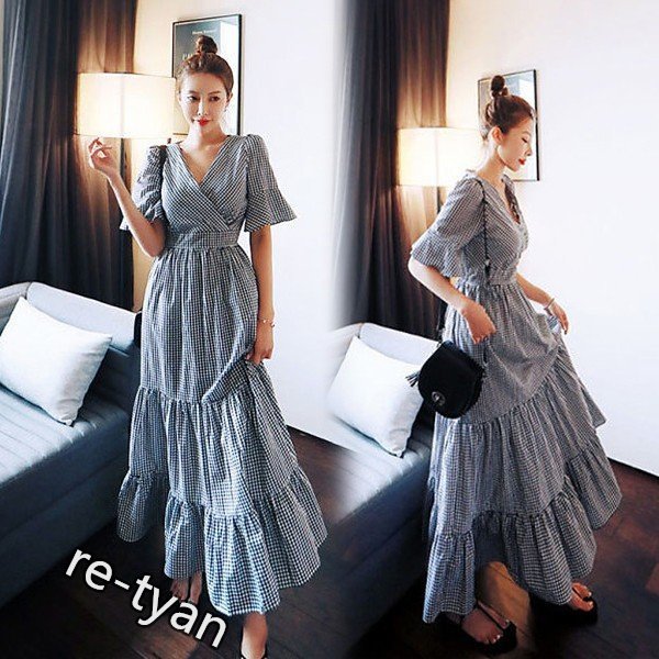 ワンピース レディース マキシワンピース ドレス 春夏 半袖ワンピース チェック柄 ロング丈 韓国風 結婚式 ワンピースドレス レディース オシャレ 新作 5,494円