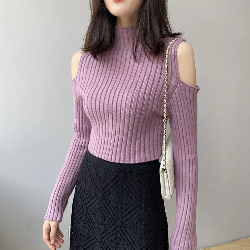クーポン リブニット レディース セーター 秋冬 重ね着に便利な薄手リブ素材 着回し力 ストレッチ ニットソー カットソー ハイネック 長袖 トップス ニット リブ 秋 冬 タイトセーター シンプル