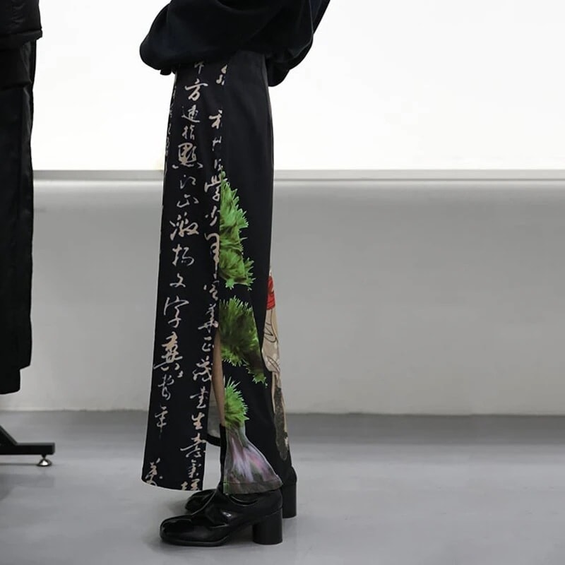 プリント スリット 黒 ロング ハイウエスト オリジナル 個性的ファッション