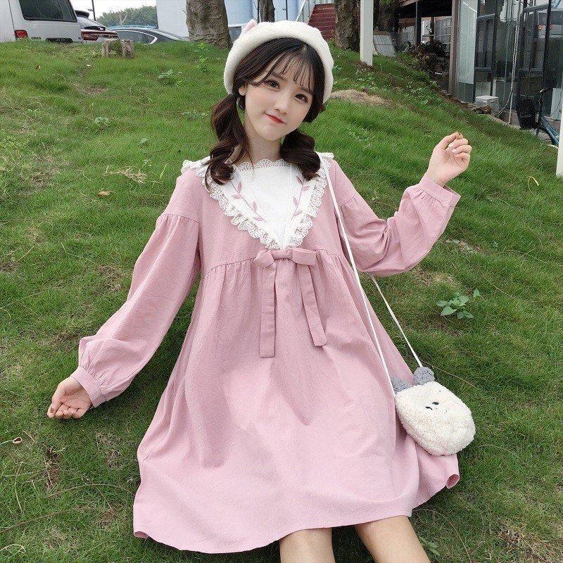 葉柄付き森ガール春秋新作レディース少女Aライン体型カバー着痩せ可愛い通学茶会同窓会長袖ワンピースレース蝶結び付き膝丈スカートセーラー服