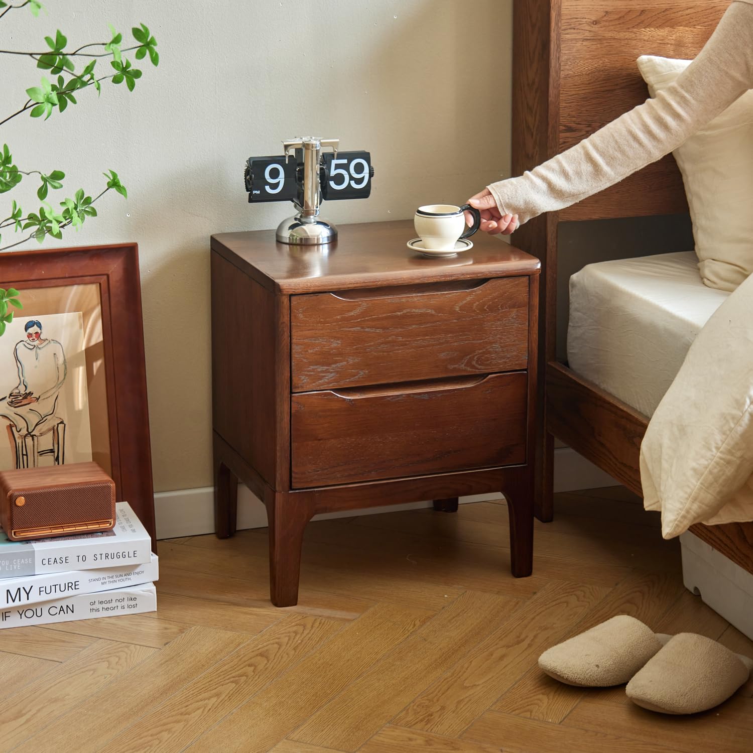 サイドテーブル アメリカオークウッド ナイトテーブル 木製 ベッドサイドテーブル 完成品 組立不要 引き出し付き 小物収納 オーク 無垢材 幅42x奥行37x高さ50cm ウォールナット