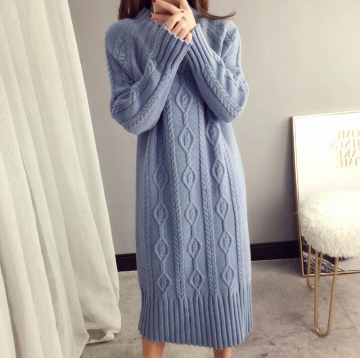 【本日限定】ニットワンピース ニットワンピ　 ケーブル編み　秋冬 レディース 　長袖　ロングワンピース　ミモレ丈　ドレス　ゆったり　お呼ばれ　結婚式 フォーマル　水色　ホワイト