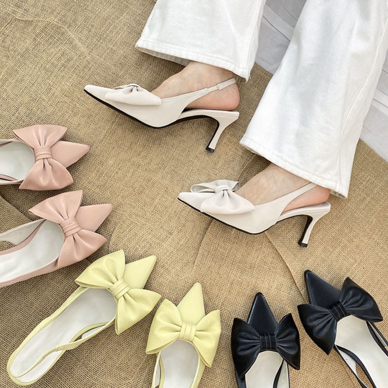 可愛いビックリボン付き ポインテッドトゥ 7cmヒール スリングバックパンプス 4color