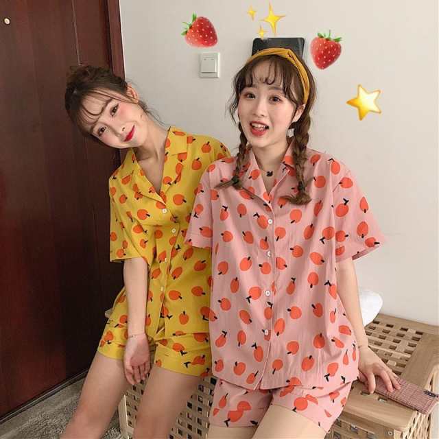 新品 シャツパジャマ ルームウェア レディース 春夏 半袖パジャマ 可愛い 果物柄 vネック パジャマセットアップ ルームウェア 女性 部屋着 寝巻き