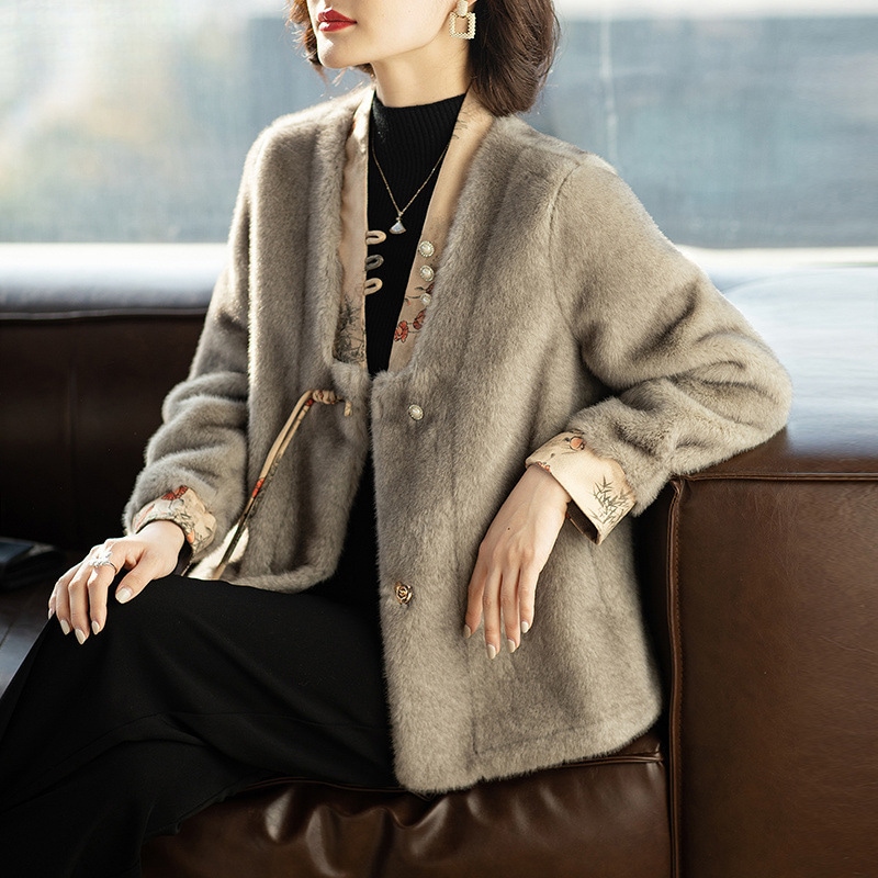 ママの秋冬コートファーワンピーストップス中高年女性冬大判ミンクベルベット