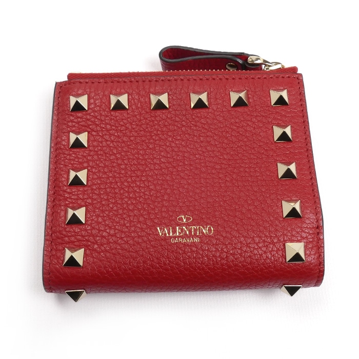 Valentino Garavani ヴァレンティノ・ガラヴァーニ ロックスタッズ コンパクトウォレット 二つ折り財布 レッド 3W2P0W06 レディース 中古 美品