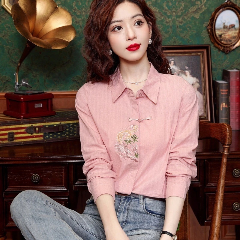【1つ買うと10つ無料】2025年春と秋に刺繍された女子シャツ綿シャツ女性ファッショナブルな綿の長袖新しい人
