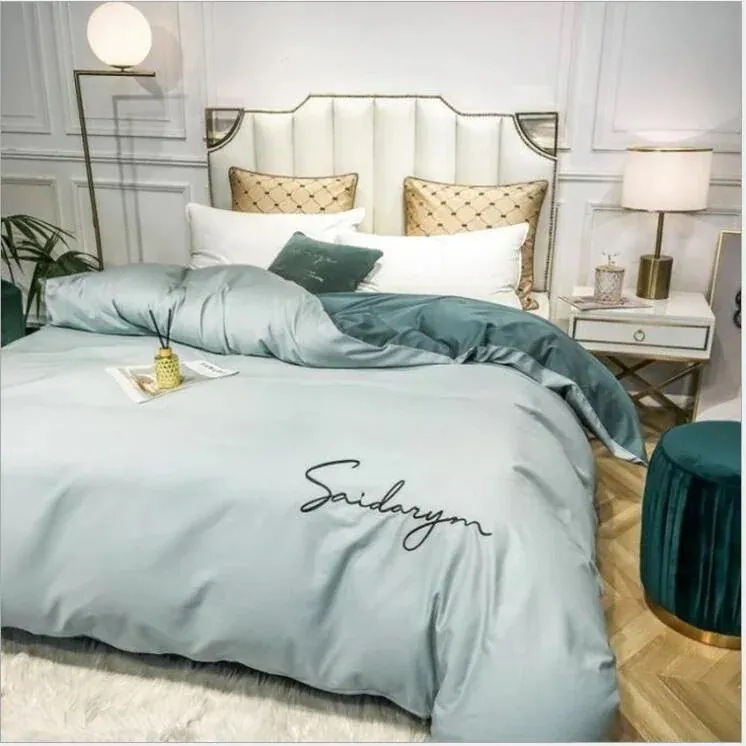 シン 布団カバー 無地 4点 寝具 セ ボッツ ベッドカバー 洗える ダ 掛布団カバー フラットツ 用 模造 刺繍 防ダニ