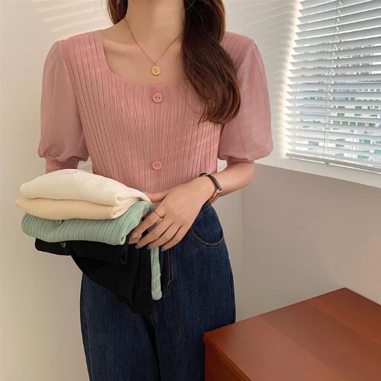 デザインセンサーシフォンスリーブスクエアネックショートニットトップメス半袖