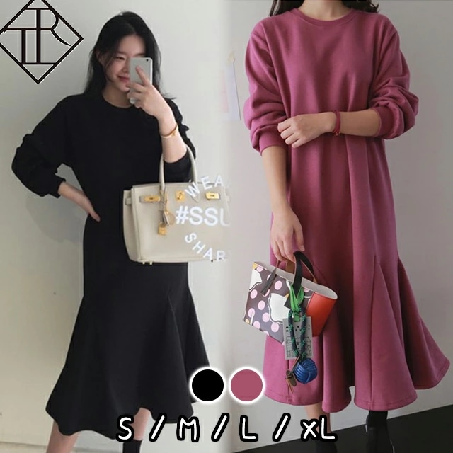【即納】ワンピース レディース ワンピース 秋冬 ロングワンピース 長袖 大きいサイズ ワンピース ひざ丈 大人可愛い かわいい おしゃれ カジュアル 普段使い スウェット フレア 無地 シンプル