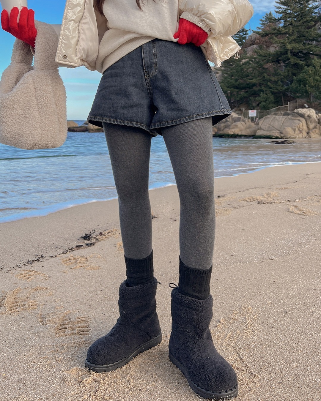裏起毛デニムショートパンツ韓国ファッション レディース