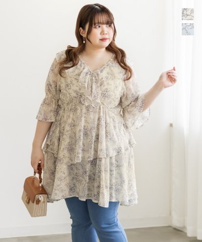 大きいサイズ レディース LL 3L 4L XL XXL XXXL CLETTEオリジナルシアー花柄フリルチュニックブラウス