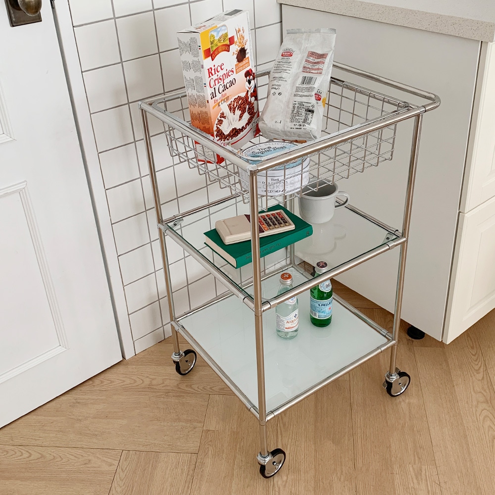 モジュール家具 デュアルキューブ トロリー （透明ガラス2枚+シルバーバスケット1個） 韓国インテリア キッチン カフェ シルバー ステンレス 41×41×81cm