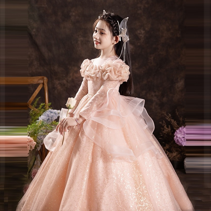 【2枚購入で 3oo円OFF】スーパーチルドレンズドレスガーゼスカートフラワーチルドレンウェディングリトルガールバースデープリンセスプリンセススカートロングスリーブホストピアノコンペティションスプリン