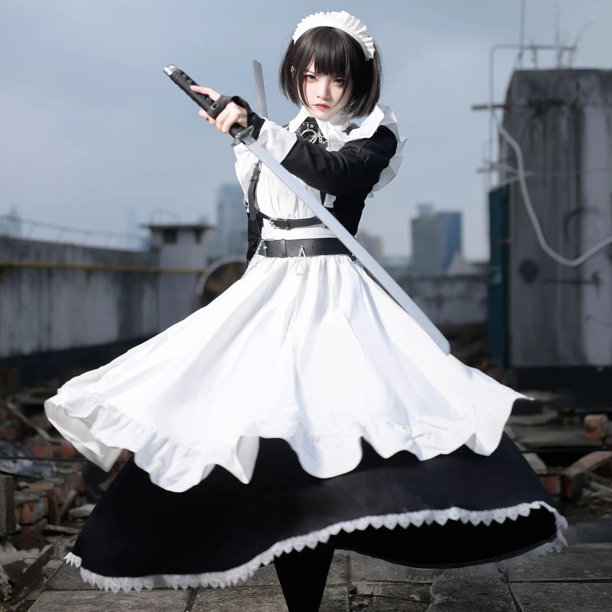 日系かわいいメイド服ワンピース伝統的なメイドのロングcos服日常の大きいサイズのロングタイプlolita