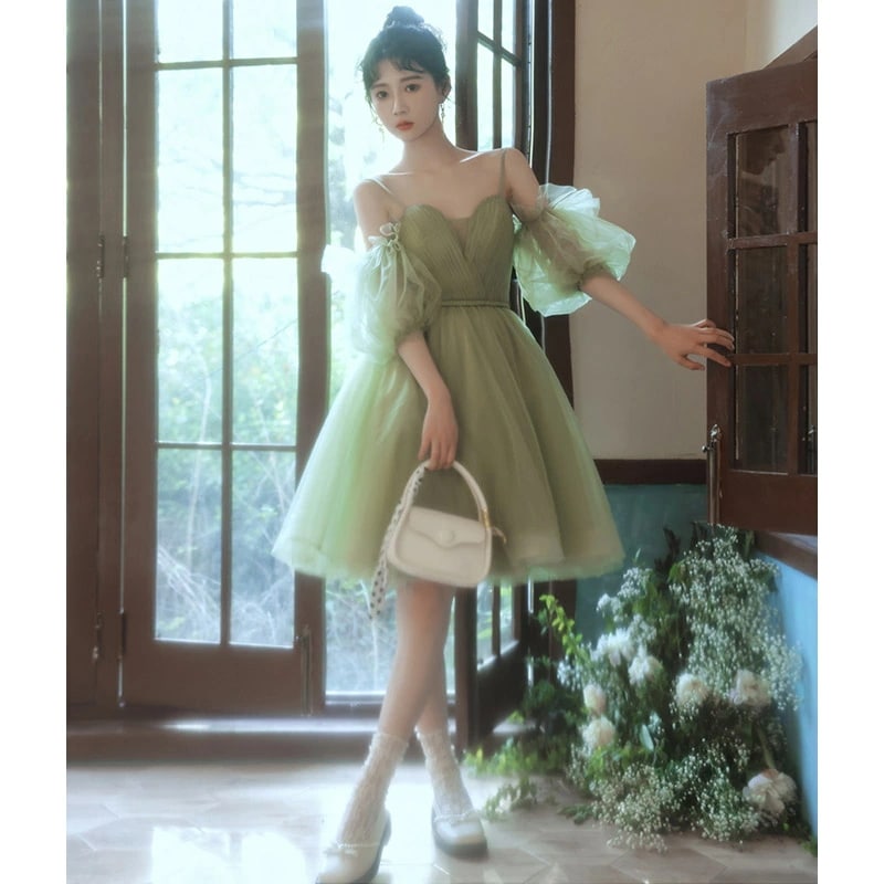 結婚式ドレス 二次会ドレス グリーン ミニドレス 可愛い キャミドレス オフショルダー Vネック チュール ドレス ショート丈 20代 30代 パーティードレス パフスリーブ イエロー 白 ホワイト