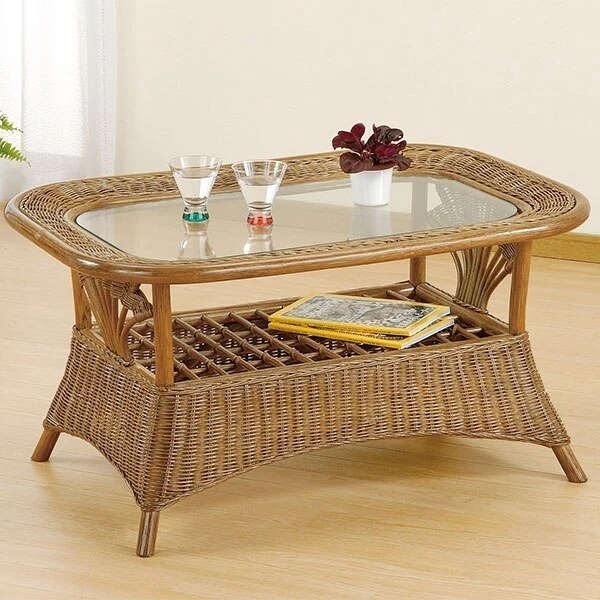 ラタンテーブル ガラス天板 棚付 籐家具 幅90cm 25,546円