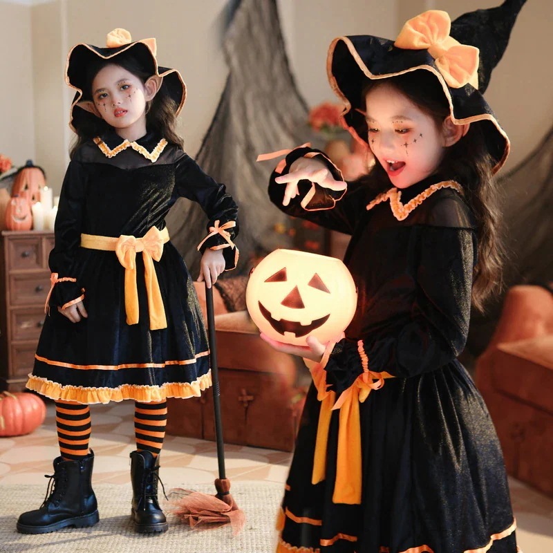 2024 ハロウィン 子供 コスチューム かぼちゃ コスチューム 面白い ベビー 子供服 魔女 衣装 魔女 ステージ パフォーマンス ドレス