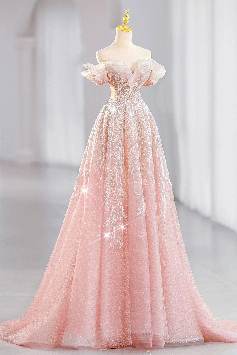 ファンタジーピンクプリンセスイブニングドレス女性用ハイエンド婚約花嫁