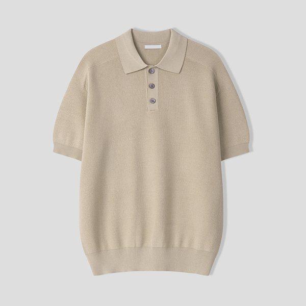 メンズ シンプル ボタン カラーネック 半袖 ニットTシャツ AS-KNH-Q016-グレーベージュ