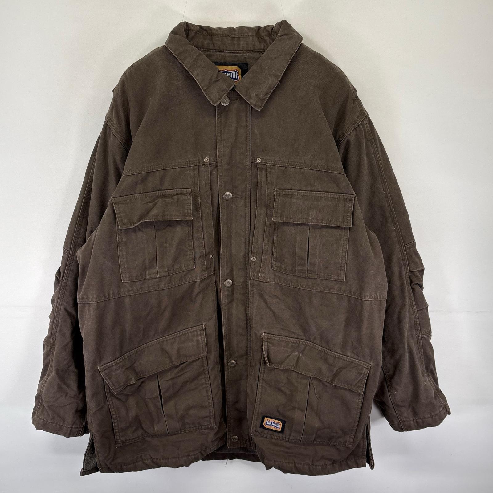 古着 ビッグスミス Big Smith ダック ジャケット フルジップ ワーク カバーオール 大きいサイズ ワンポイント XL ブラウン系 メンズ