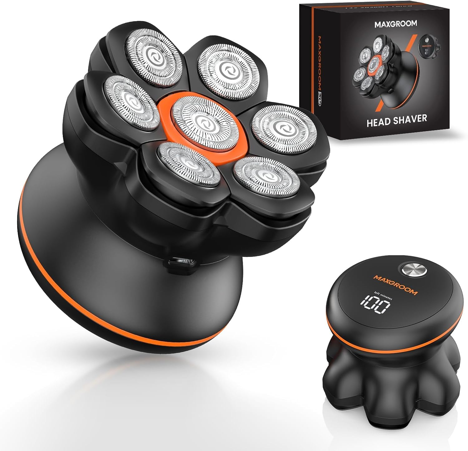 MAXGROOM スキンヘッド用シェーバー 7Dスキンヘッド マグネット着脱式 坊主用 頭髪 電動シェーバー メンズ 7000RPM 高速モーター IPX6防水 乾湿両用 回転 ひげそり 髭剃り バリ