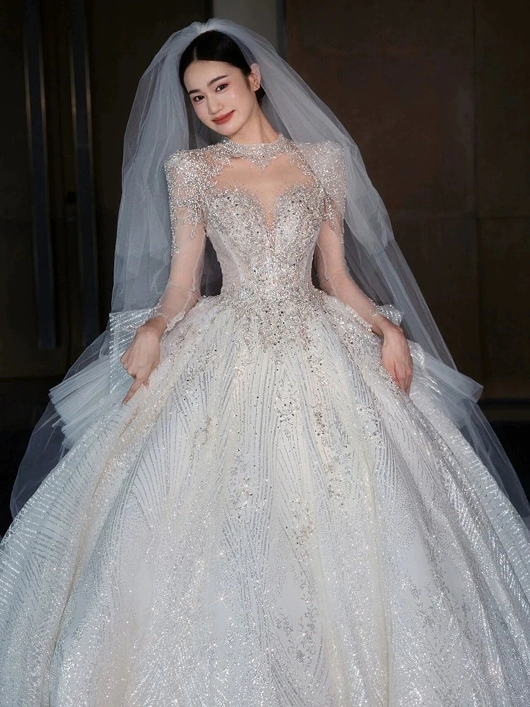 フランス重工業長袖ウェディングドレス2025ブライダルメインヤーンハイエンドテクスチャーファットmmプラスサイズ妊婦ドレス