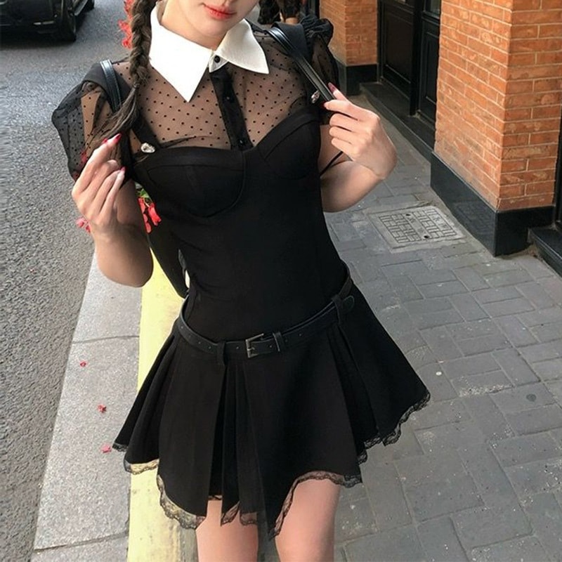 韓国風のセクシーなレディース夏水玉パッチワーク少し透け感のあるシャツトップスとレースのキャミソールワンピースのツーピースセット