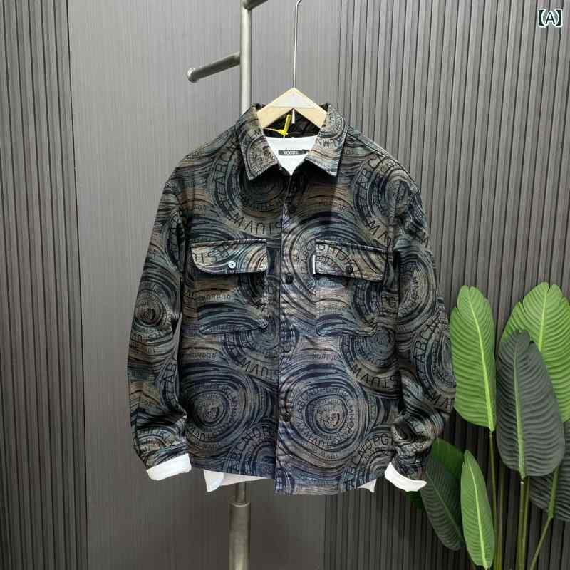 デニムジャケット メンズ 秋冬 長袖 プリント コットン シャツ アウター ファッション 幾何学模様
