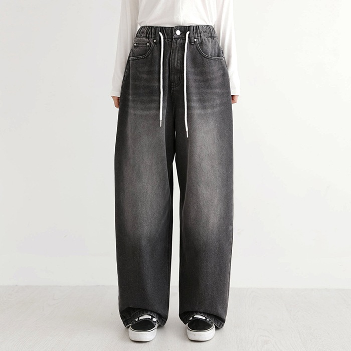 [韓国ファッション] エブリフィット ブラック ウォッシング ストリング バンディング ロング ワイド デニム パンツ
