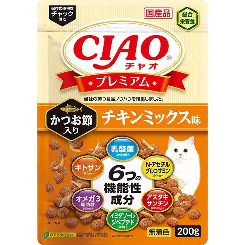 （まとめ買い）CIAO プレミアム かつお節入り チキンミックス味 200g 猫用フード [x12]