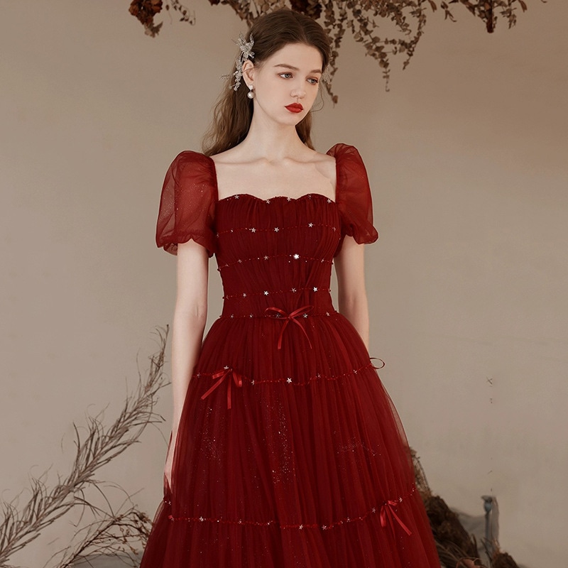 ワインレッドの敬酒服2025花嫁結婚で痩せ見え婚約バブル袖タキシードプリンセス風 7,500円