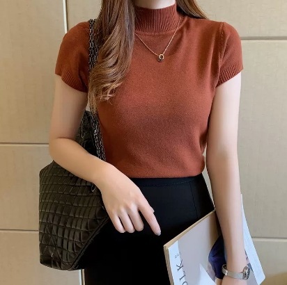 トップス モテアイテム ニットソー 半袖 ハイネック スリム タイト 細身 スマート ニット 伸縮性 薄手 きれいめ シンプル 上品 おしゃれ お洒落 レトロ エキゾチック 女子 こなれ感