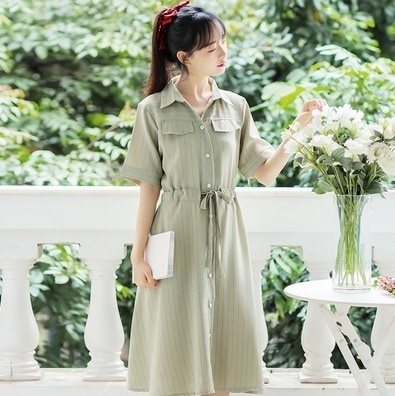 ワンピース シャツワンピース ロング丈 袖あり 半袖 襟付き シャツカラー デザイン 美ライン ニュアンス ウエストマーク ドローコード カラバリ ロマンチック かわいい 大人可愛い きれいめ