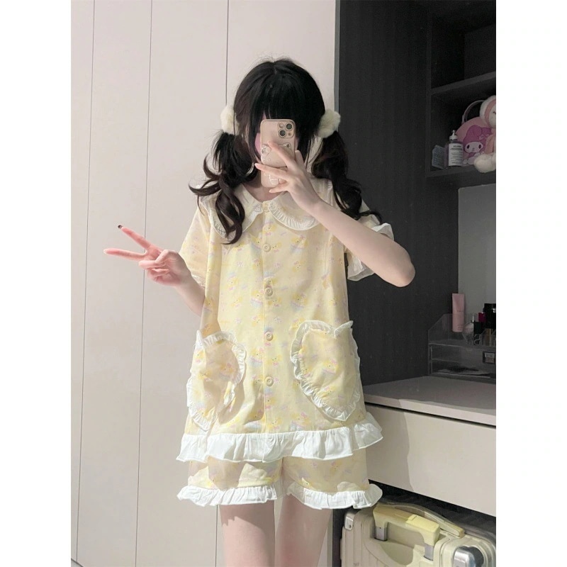 【1点購入 で10点 プレゼント】女性のためのかわいいケーキパジャマ短袖のレース漫画の女の子の家の服の服装