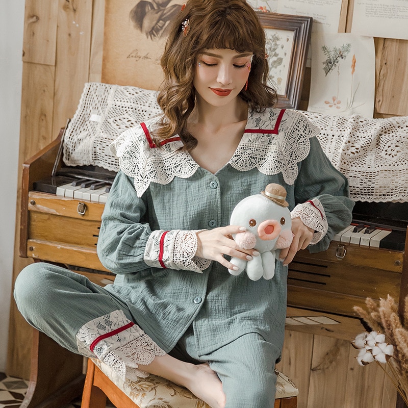 【送料無料】マタニティ パジャマ コットン レース レッドライン 長袖 前開き 授乳口付き