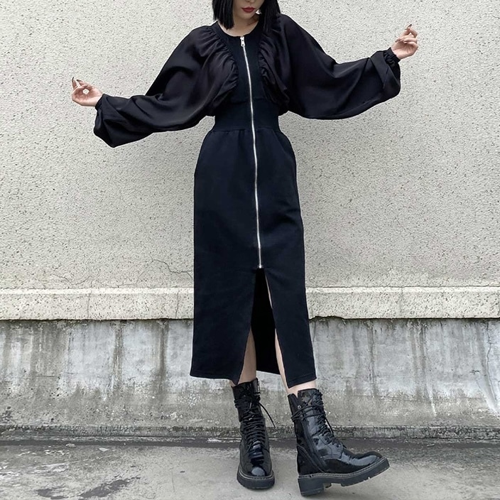 ジッパー スリット ワンピ レディース ワンピース 膝下 長袖 ラウンドネック スリム フェミニン 前開き きれいめ 上品 おしゃれ かっこいい こなれ感 マニッシュ クール モード系 エレガント