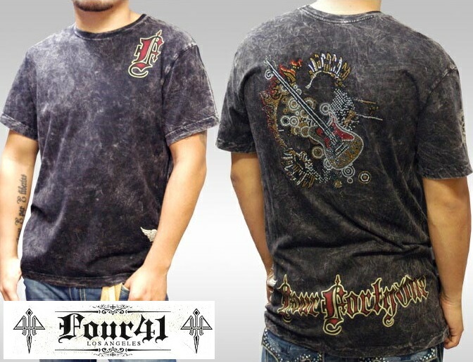 Four41 Los Angeles フォーフォーティーワン メンズ ラインストーン Tシャツ ファイヤーギター ブラック M-28 スワロフスキー インポート セレブ ブランド ストリート LAセレ