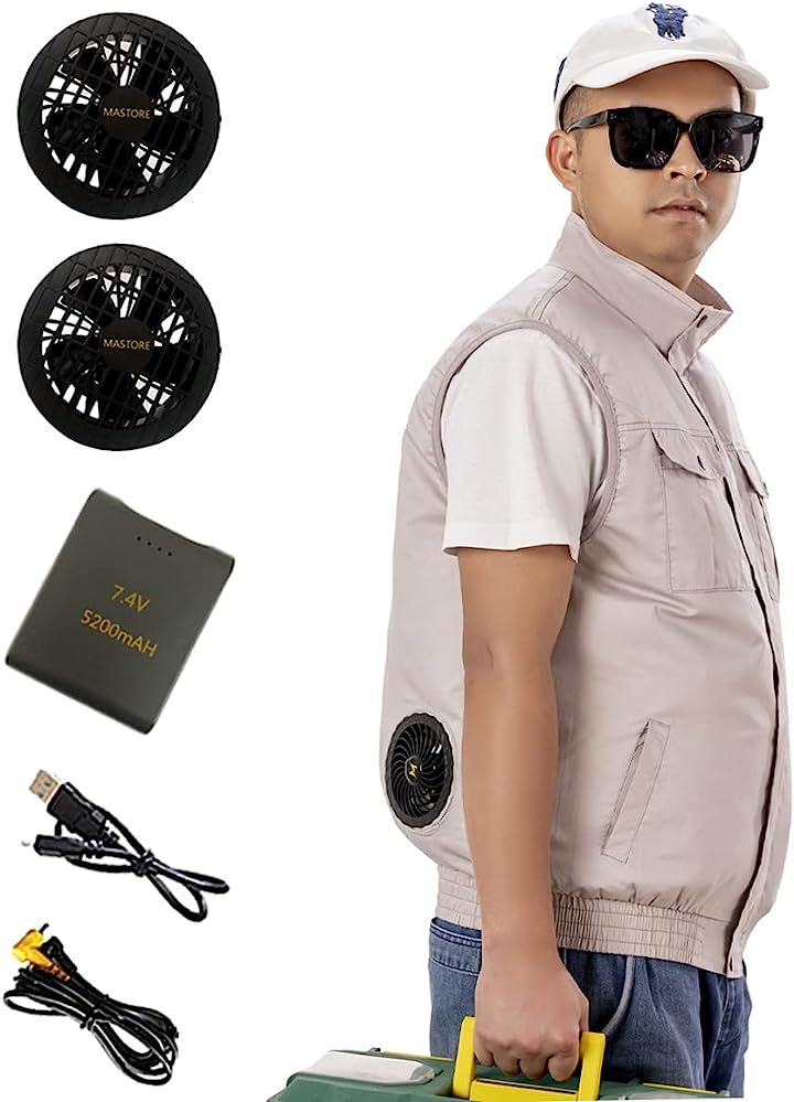 ファン付きベスト バッテリーファンセット 作業着 ファン服 ワークウェア フルセット( グレー, 3XL Regular)