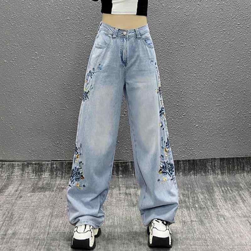デニム パンツ ボトムス レディース 刺繍 ジーンズ 春秋 ハイウエスト スリムフィット ストレート ワイドパンツ 青
