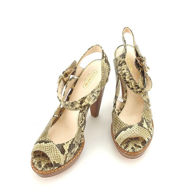 サンダル シューズ 靴 パイソン調 7.5B アンクルストラップ ベージュ ブラウン ゴールド系 中古