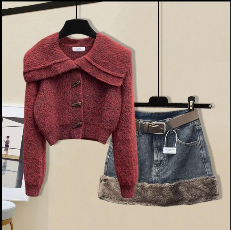 のスーツ女性の新型婦人服牛角ボタンニットデニムスカート2点セット