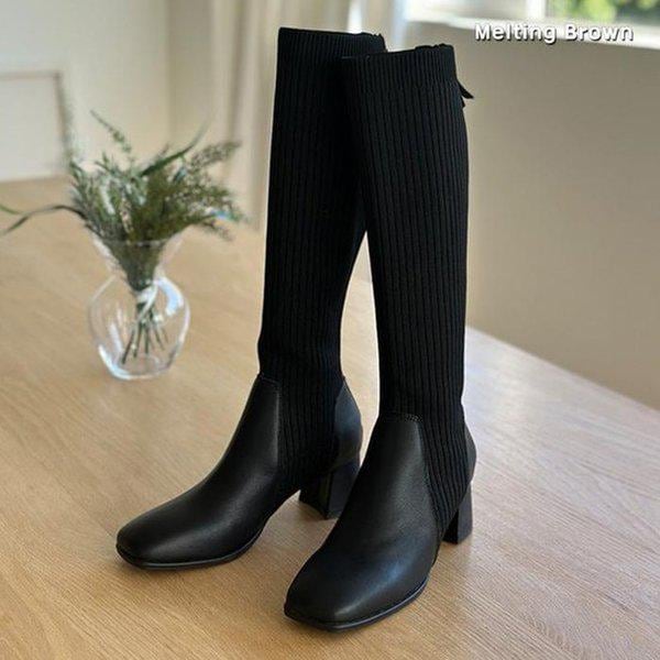 女性スリムフィット ニットロングブーツ ジップアップ ブーツ MT98